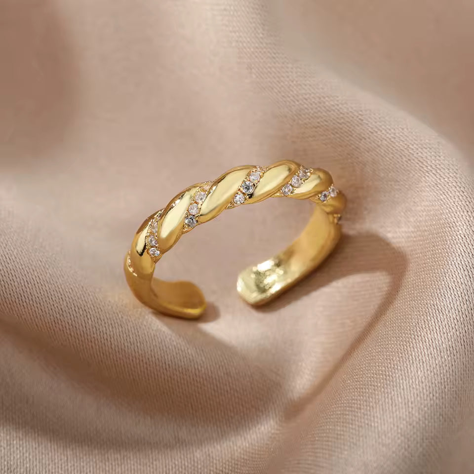 Twisted Zirconia Open Ring – Geometric Gold Stainless Steel for Women